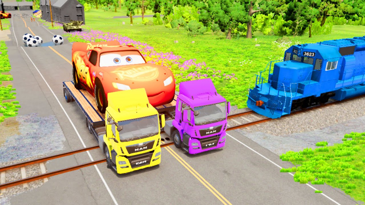 Flatbed Truck McQueen  | Truck Transport  - Train vs Truck #5  BeamNG.Drive Gameplay