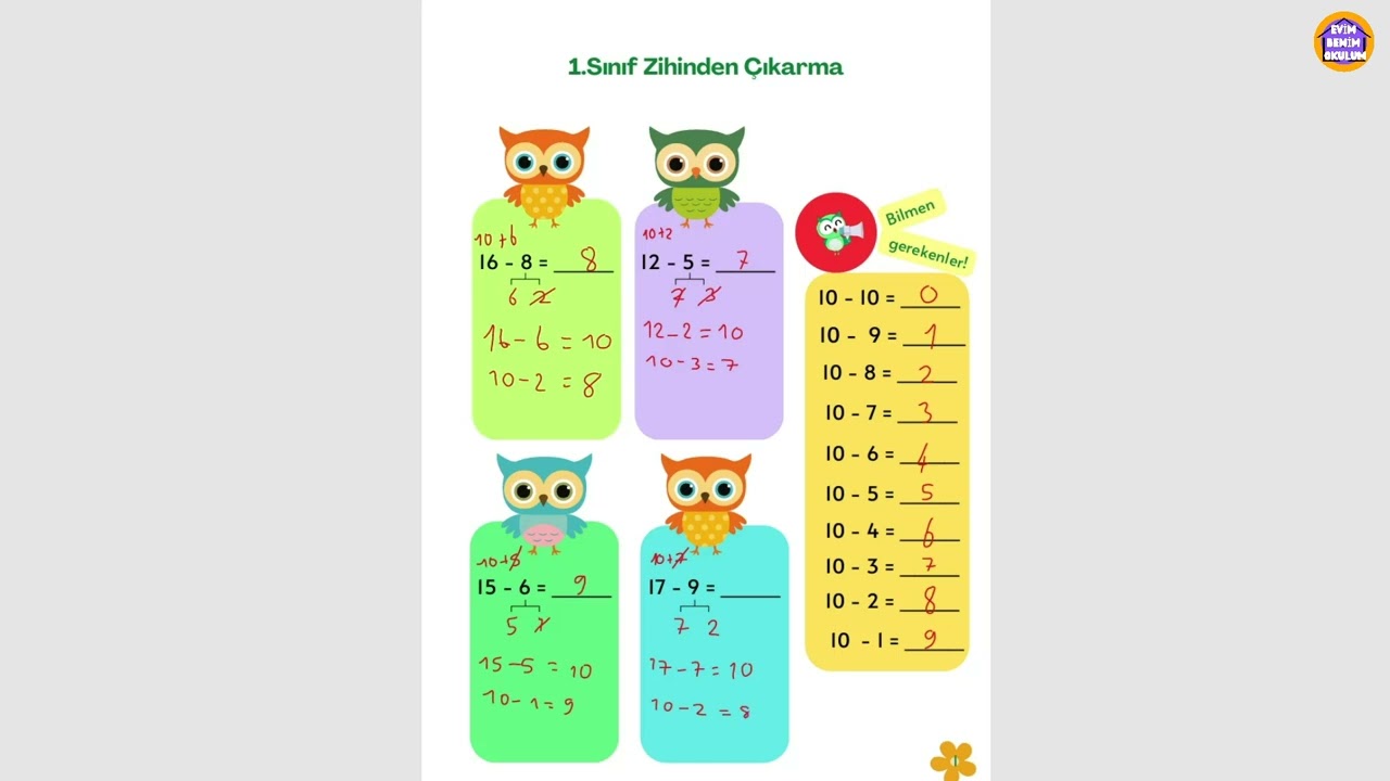 1.Sınıf Zihinden Çıkarma İşlemi - Zihinden işlemler #matematik