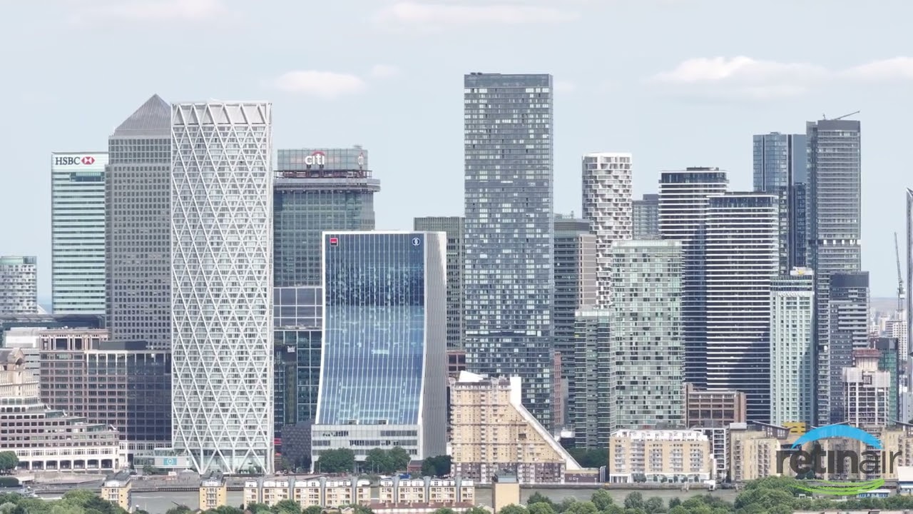 Isle of Dogs Canary Wharf London Stock Drone Aerial Footage WIDE ANGLE & ZOOM