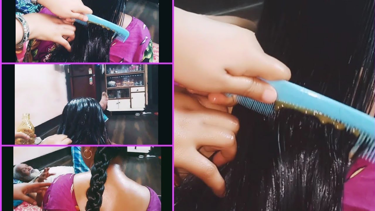Most heavy hair oiling combing side braid with my elder sister