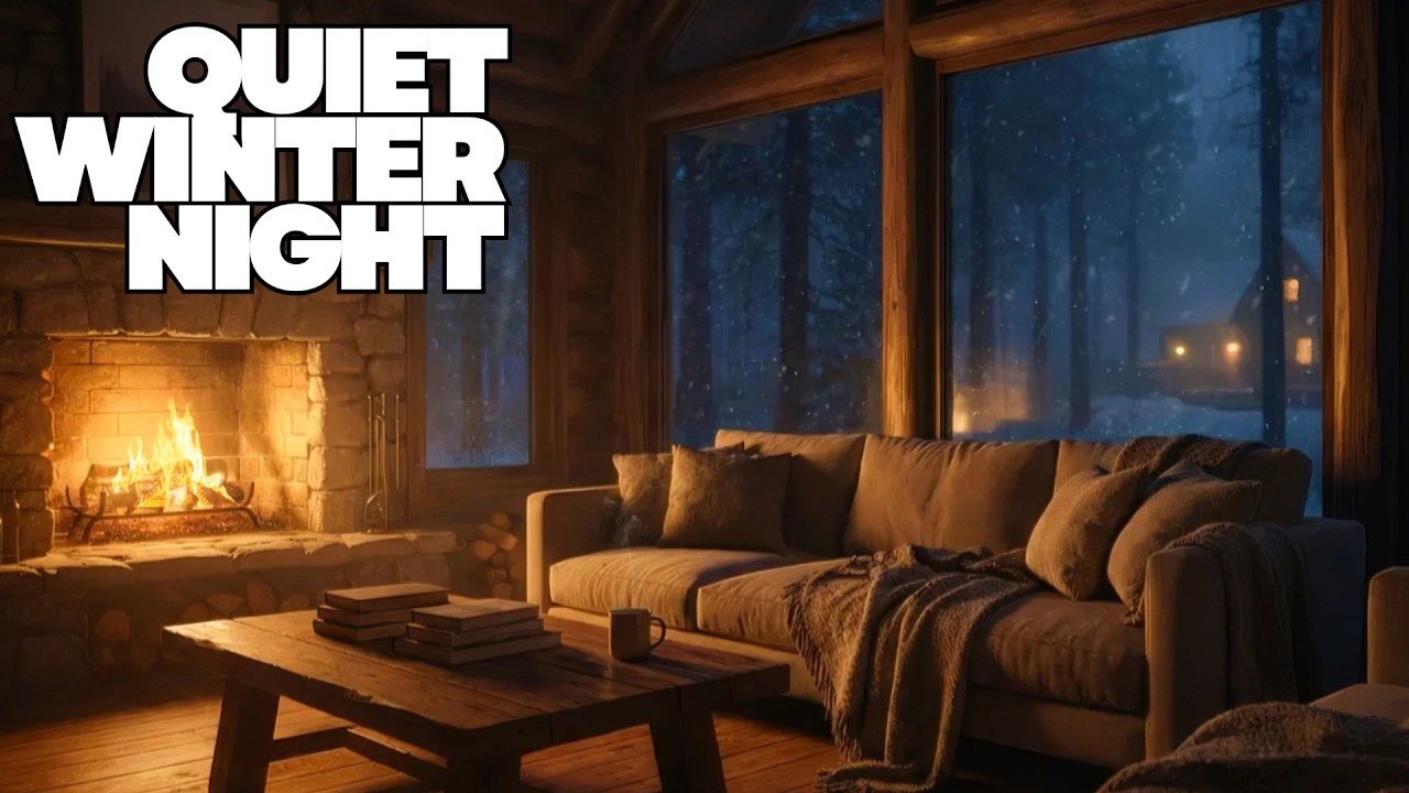 Cozy Winter Cabin Fireplace ❄️ Quiet Snowfall Night | Soft Piano Music