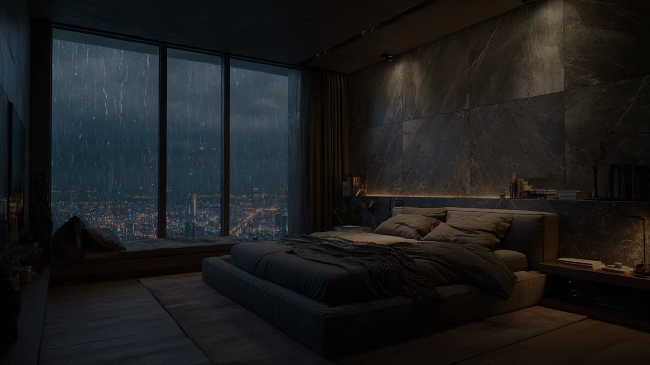 Rain Falls Beyond The Glass 🌧️ While Neon Reflections Blur Across The Quiet Streets Below