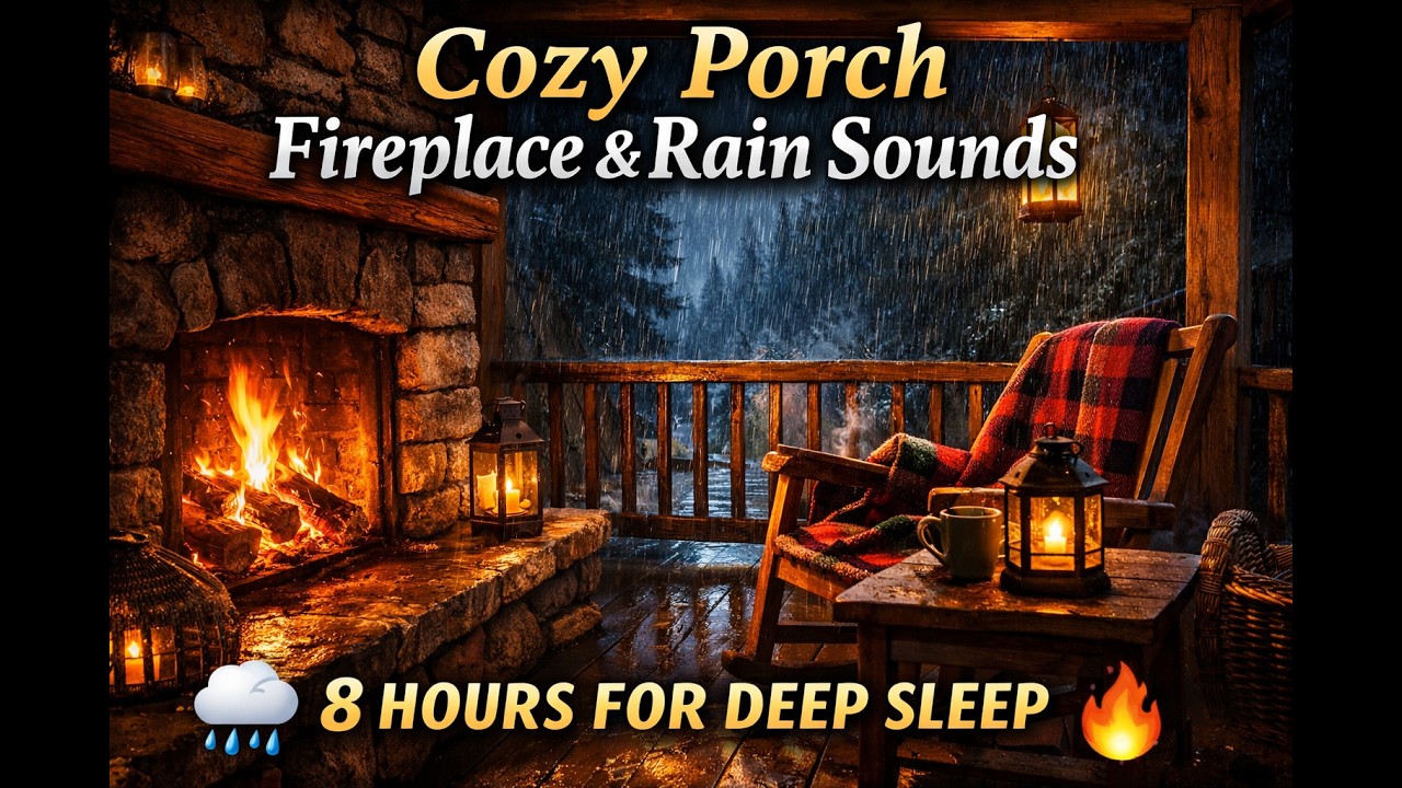 8 Hours Cozy Porch Fireplace & Rain Sounds 🌧️🔥 Cabin Ambience for Deep Sleep & Relaxation