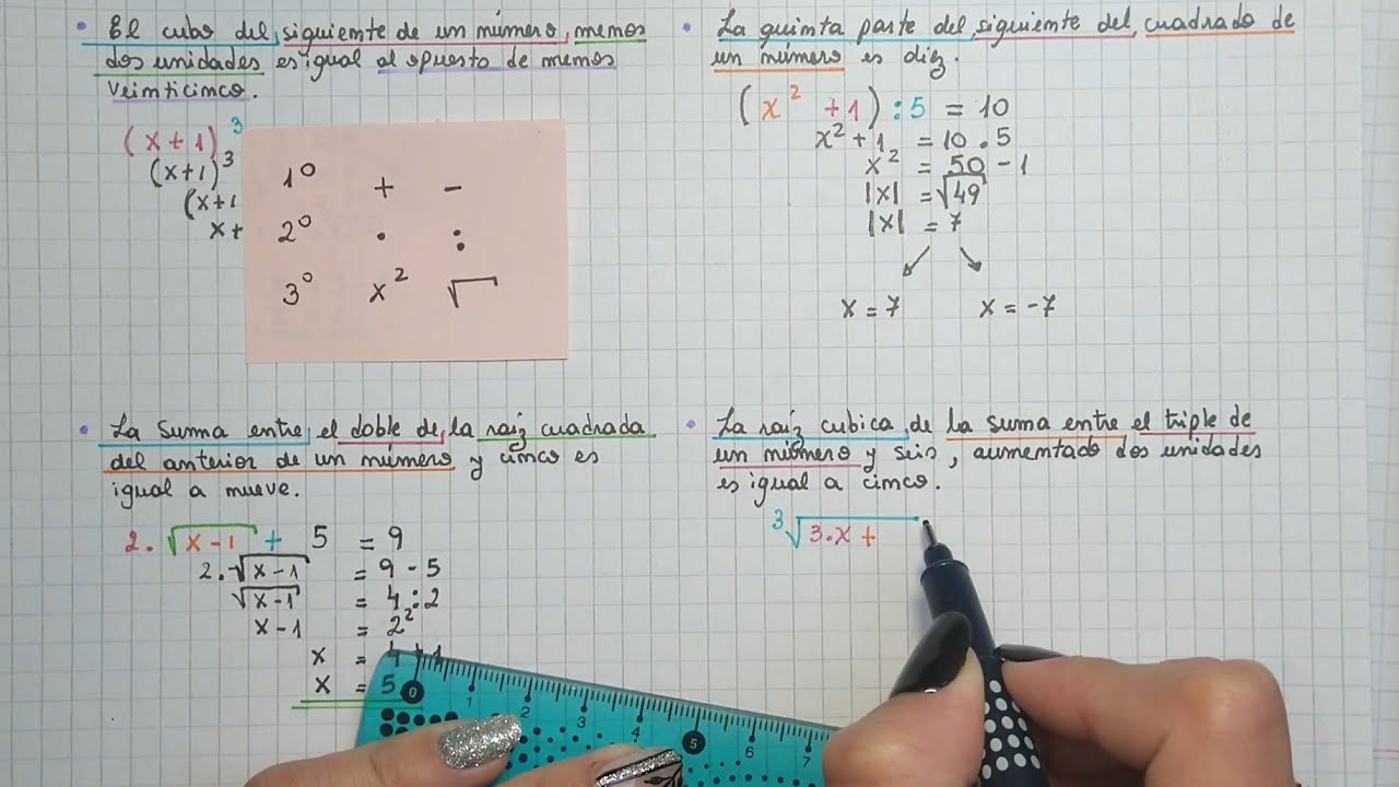 ECUACIONES - Plantear y resolver ecuaciones expresadas en lenguaje coloquial con potencias y raíces