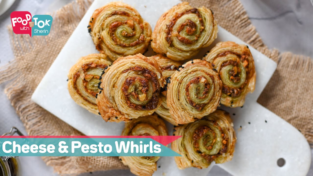 Cheese And Pesto Whirls | How To Make Cheese And Pesto Pinwheels | Puff Pastry Cheese Pinwheels