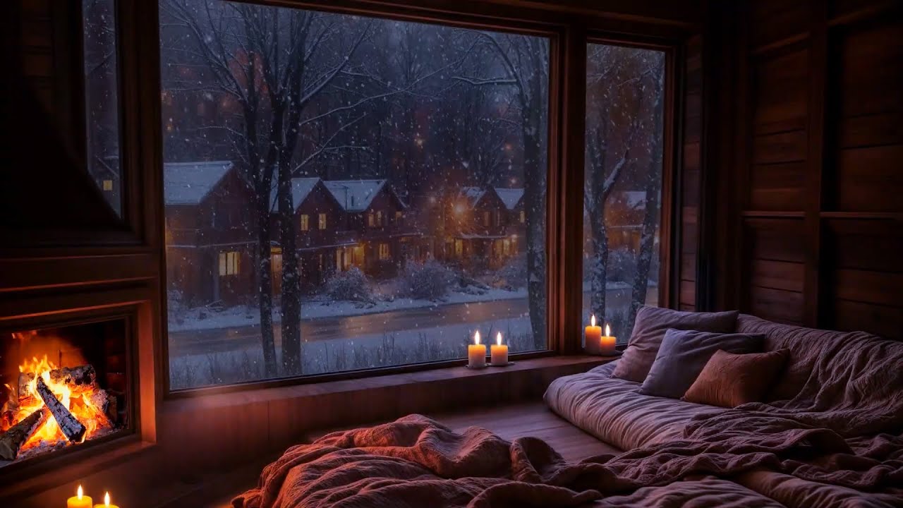 🔥Ambiente de caba&ntilde;a con noche nevada❄️Relajante chimenea invernal y velas para dormir y relajarse