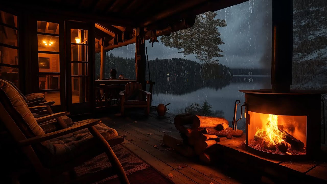 Peaceful Rainfall on a Lakeside Porch with Fireplace Sounds