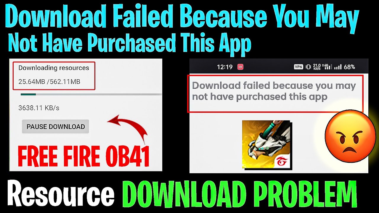 Download fail because you may not have purchase app in Free fire OB41 | FF OB41 resource OBB problem