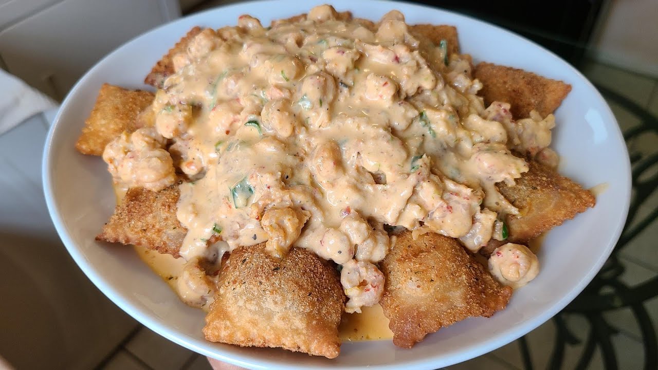 New Orleans Crawfish Ravioli | Fried Ravioli in a creamy spicy crawfish tail sauce