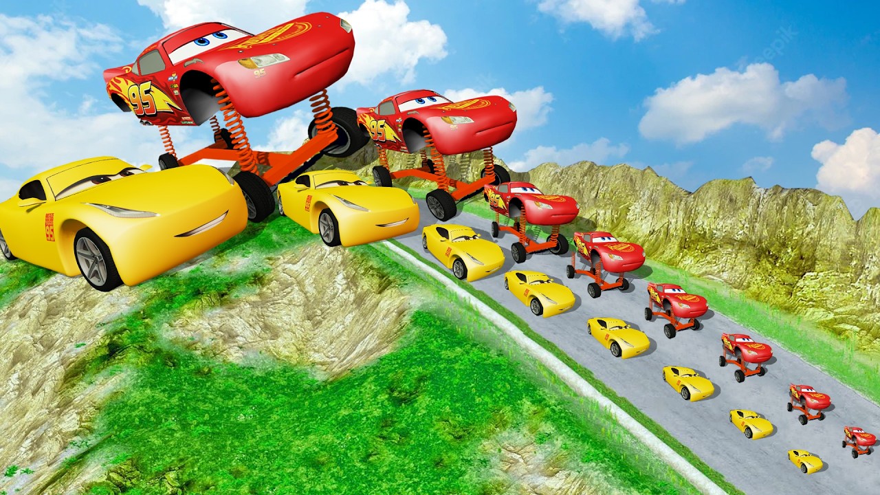 Big & Small McQueen & Cruz Ramirez vs Jumping Spring McQueens Downhill - BeamNG.drive
