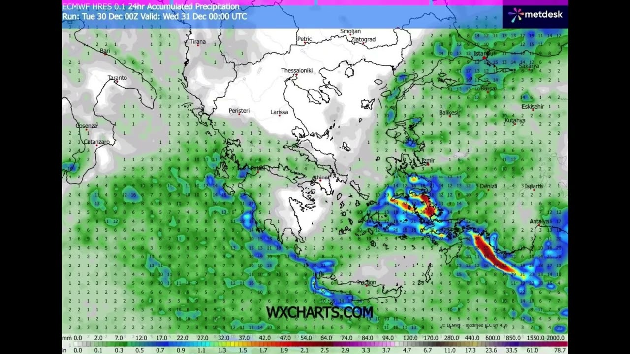 ECMWF HRES – 15ήμερη Πρόγνωση Καιρού για την Ελλάδα | Θερμοκρασία, Βροχή & Χιόνι (WXCharts) 31-12-25