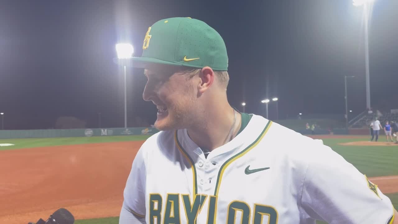 Tyce Armstrong reacts to hitting three grand slams in Baylor's season opener