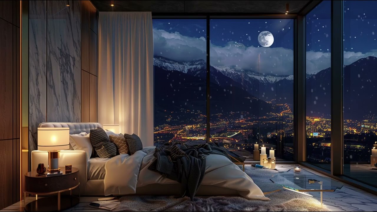 Luxury Cozy Bedroom 🌙 Snowfall & Mountain Night View | Wind Sounds for Deep Sleep (No Music)
