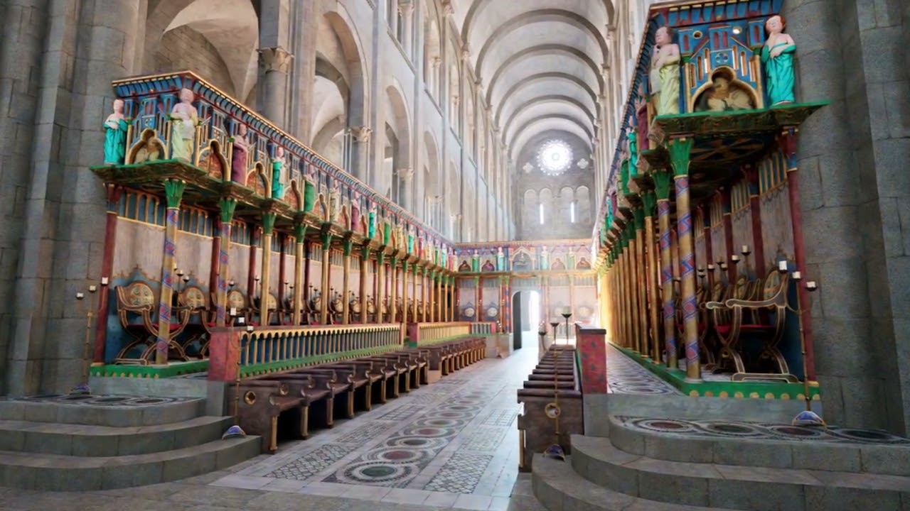 Vista xeral da recreación do coro do mestre Mateo da catedral de Santiago de Compostela