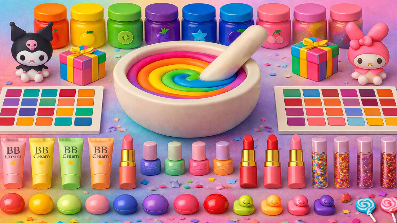 ASMR DIY слайм видео 🌈 Радужный облачный слайм с косметикой, тенями, бусин, уходом и блёстками