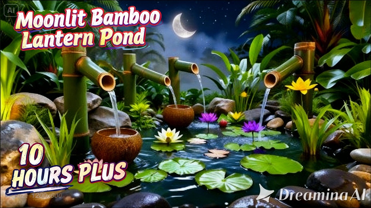 Bamboo Water Sounds at Night 🌿 10 Hours+ of Tranquil Lotus Pond Serenity