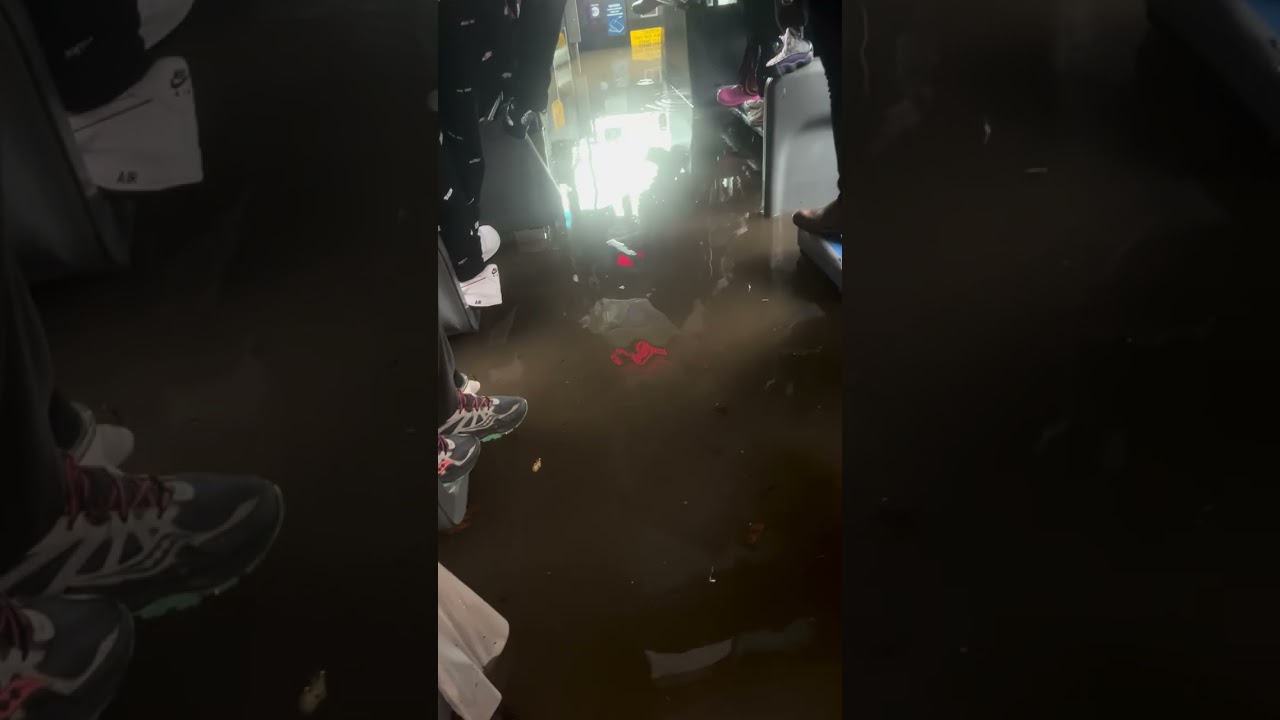 Flooding aboard the B57 bus during storms in New York City on 9/29/23