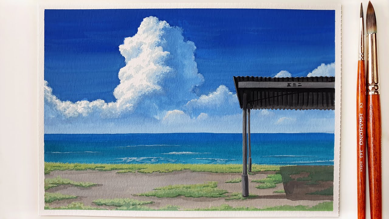 Peaceful Landscape Painting with Gouache ｜ Clouds Painting