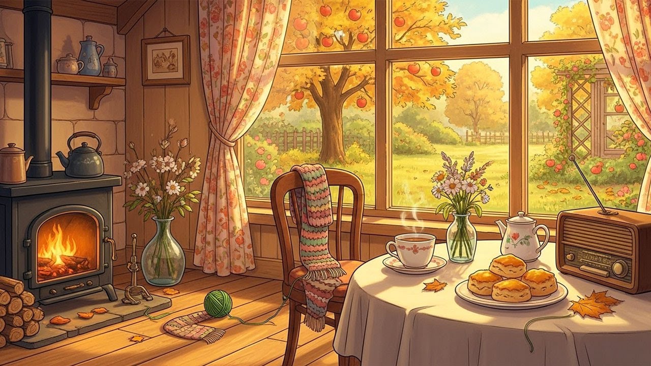 Cozy autumn morning in a 1940s cottage with oldies playing in another room (fireplace, tea ambience)