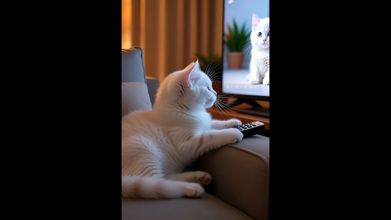 KittensArt - Cute White Kitten Relaxing on a couch watching TV with other kittens
