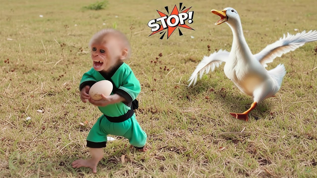 So funny! The duck attacked monkey Bon when he tried to steal its egg