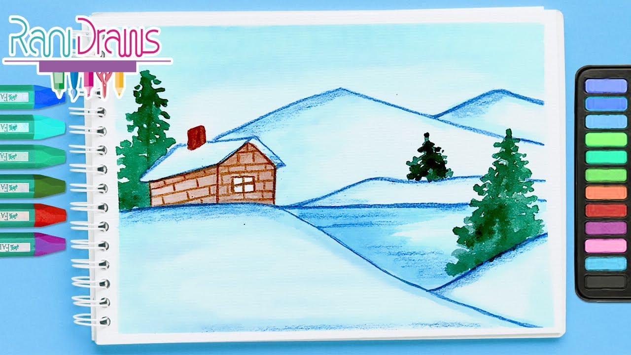 Cómo dibujar un PAISAJE DE INVIERNO EN EL LAGO -  ideas de dibujos de paisajes con ACUARELA