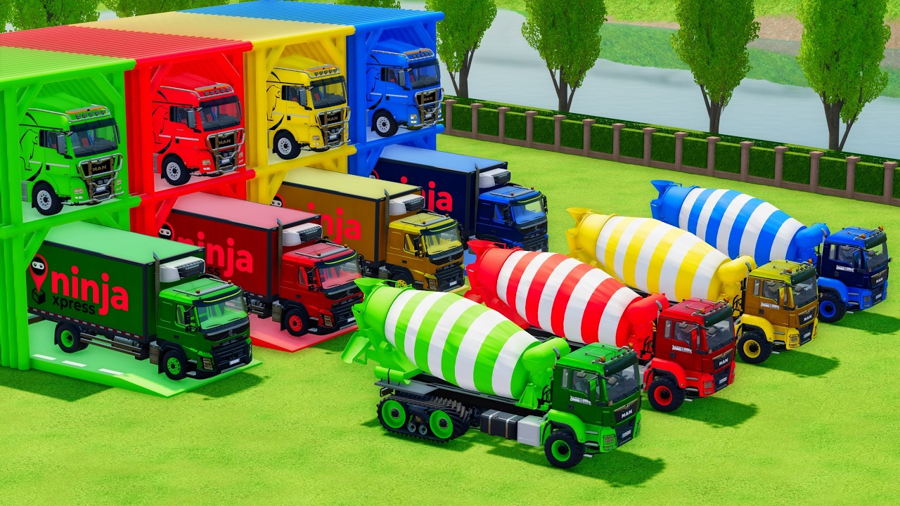 Garage with Colors - ALL MIXER TRUCK WITH DOUBLE FLATBED TRAILER TRUCK, MAN, VOLVO, PETERBILT - FS22