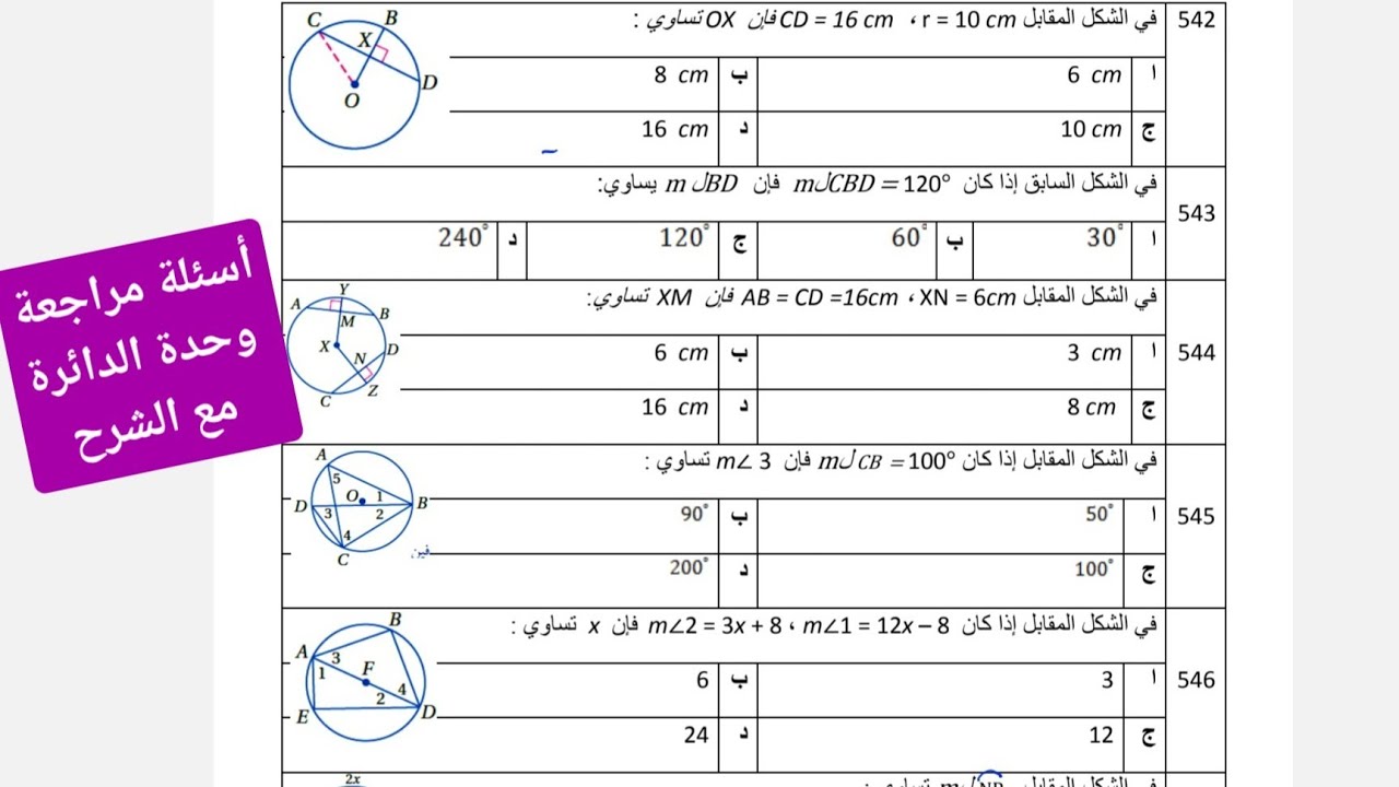 مراجعة باب الدائرة اول ثانوي | مراجعة وحدة الدائرة