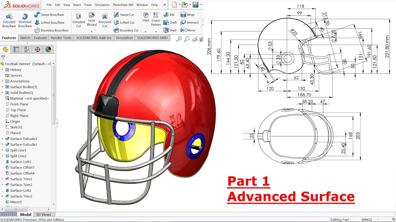 Solidworks Surface tutorial Football Helmet (Advanced Surfacing) Part1