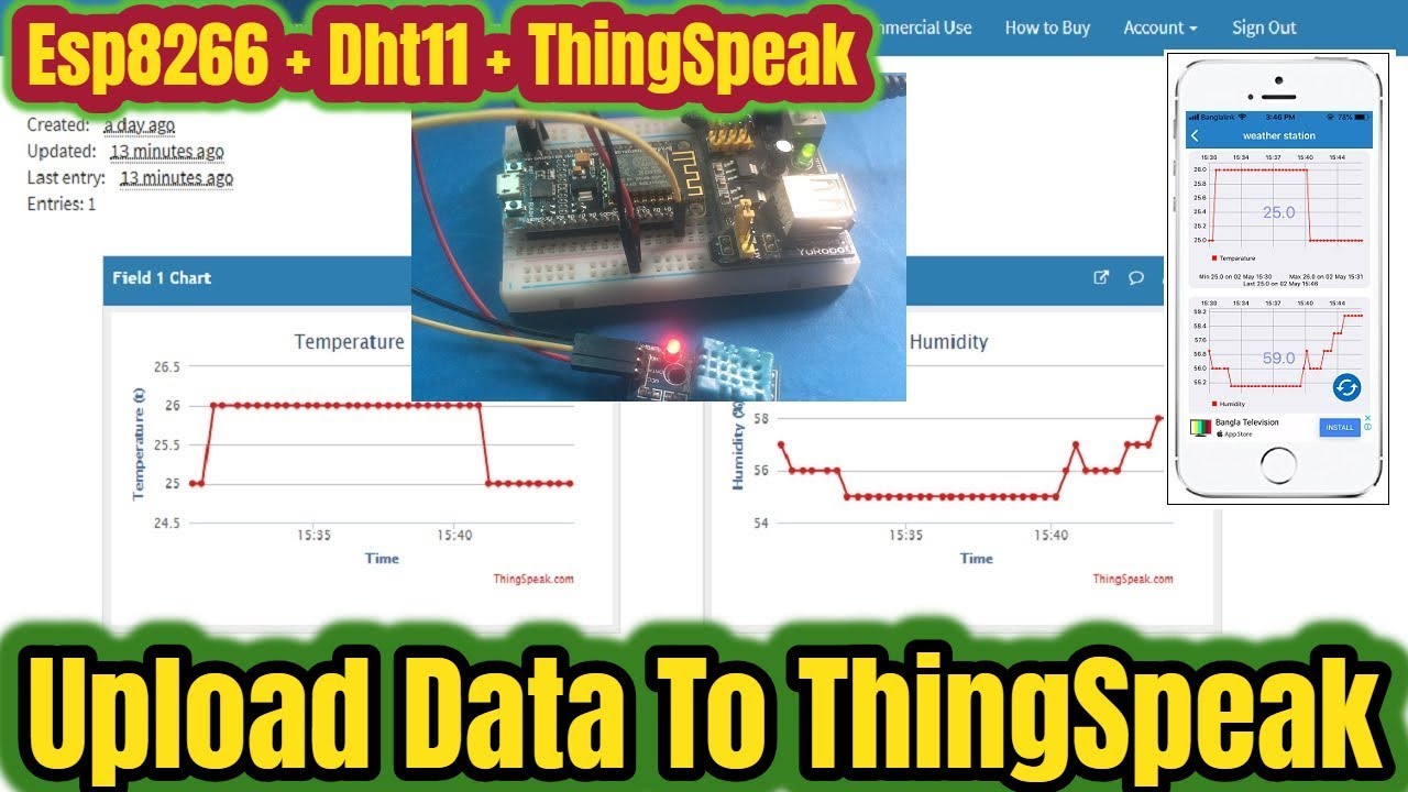 ESP8266 (NodeMcu) with Thingspeak | Upload & Monitoring DHT11 Data to Thing speak from Anywhere