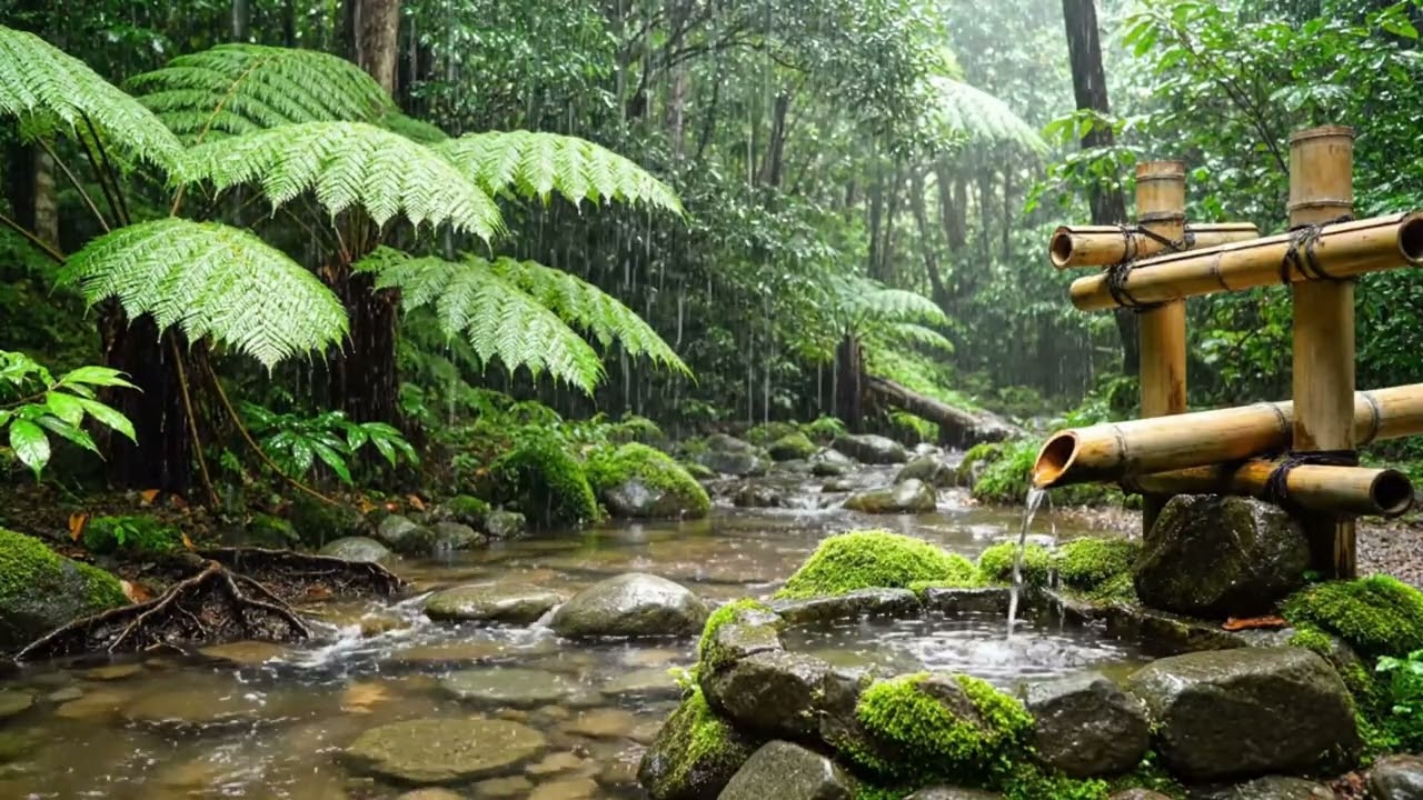 Tranquil Japanese Forest Rain Ambience with Bamboo Fountain for Deep Sleep