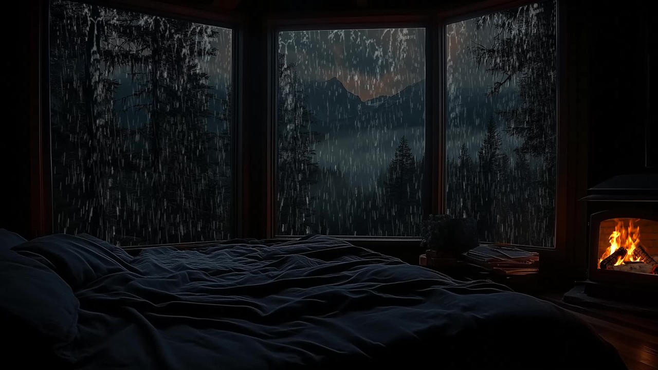 🌙 Rain Sounds for Sleeping in a Cozy Mountain Cabin | Window Raindrops & Fireplace | Sleep Fast