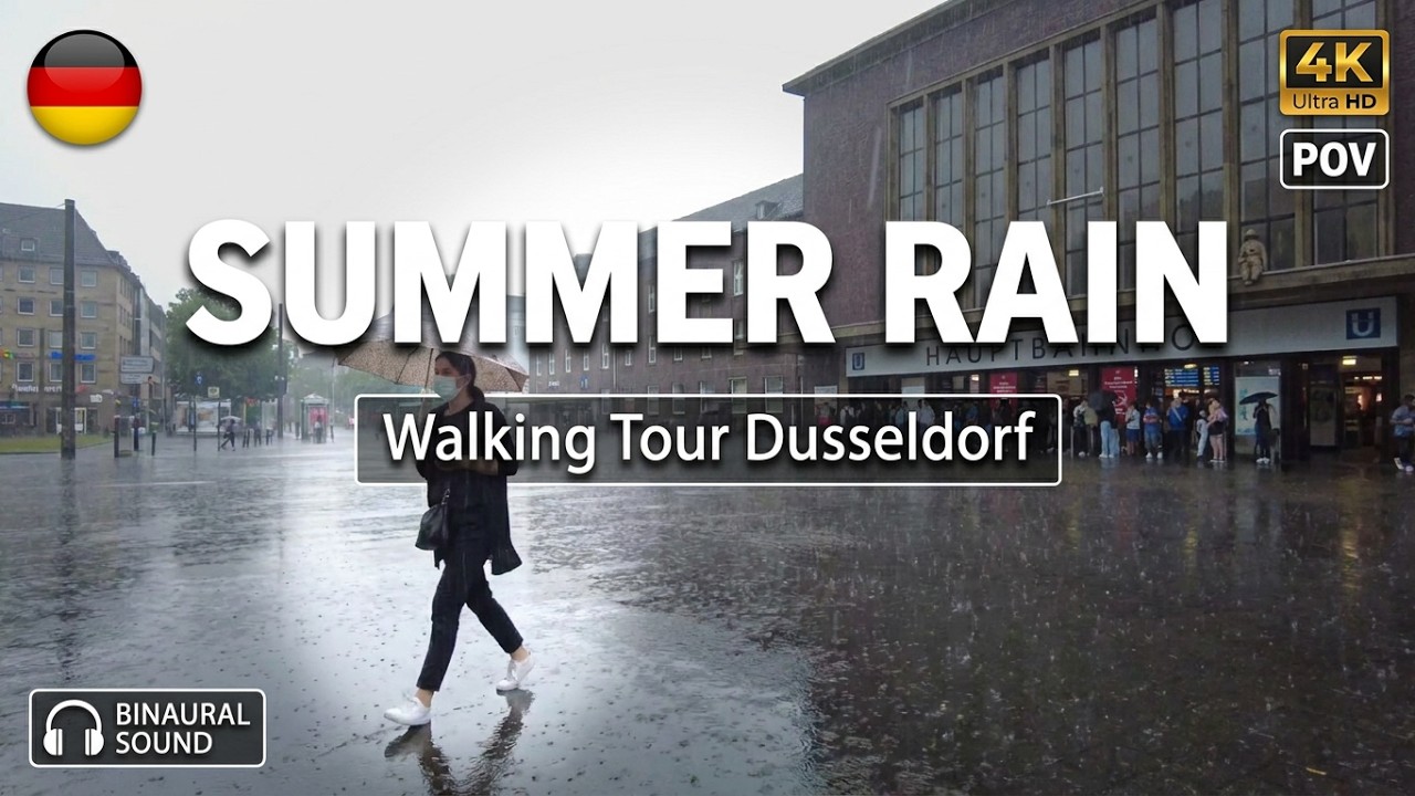 DUSSELDORF CITY WALK • GERMANY 4K 60FPS | POV SUMMER RAIN & STATION VIBE | 3D ASMR  NO TALK | POV TV