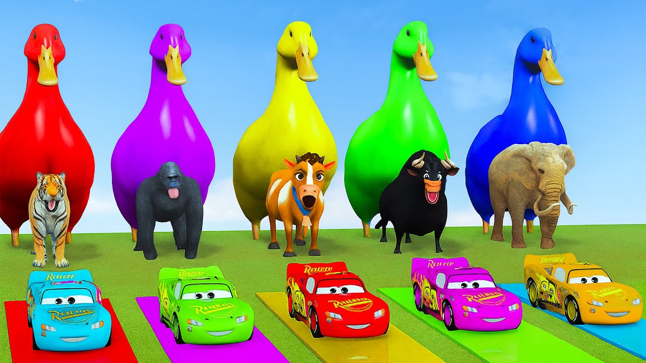 Long Slide Game With Cow Elephant Gorilla Hippopotamus Tiger - 3d Animal Game - Funny 3d Animals