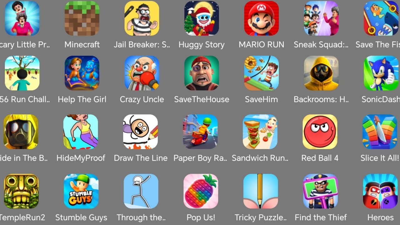Roblox,Scary Little Prankster,Minecraft,Jail Breake,Stumble Guys,Sandwich Run,Paper boy race 