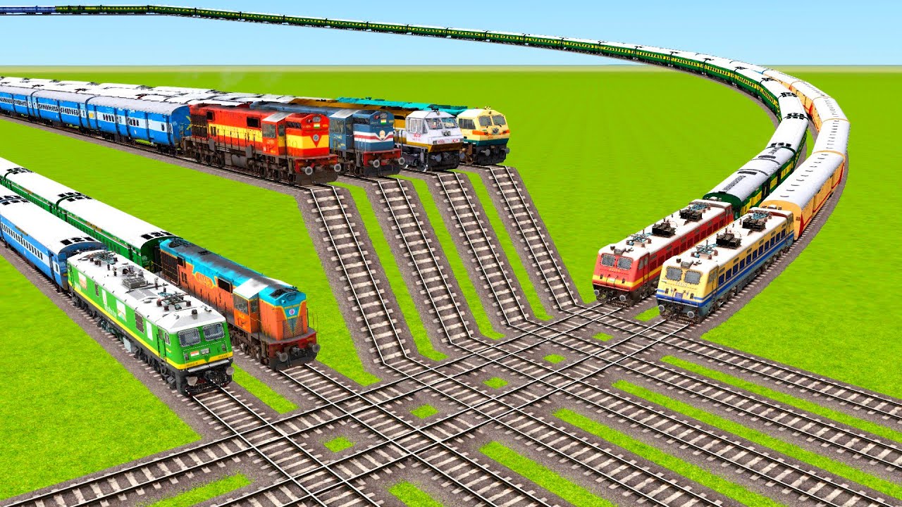 EIGHT TRAINS CROSSING AND CRASHING ON FLYING TRACKS AND DIFFERENT TYPES RAILROAD|Train simulator|