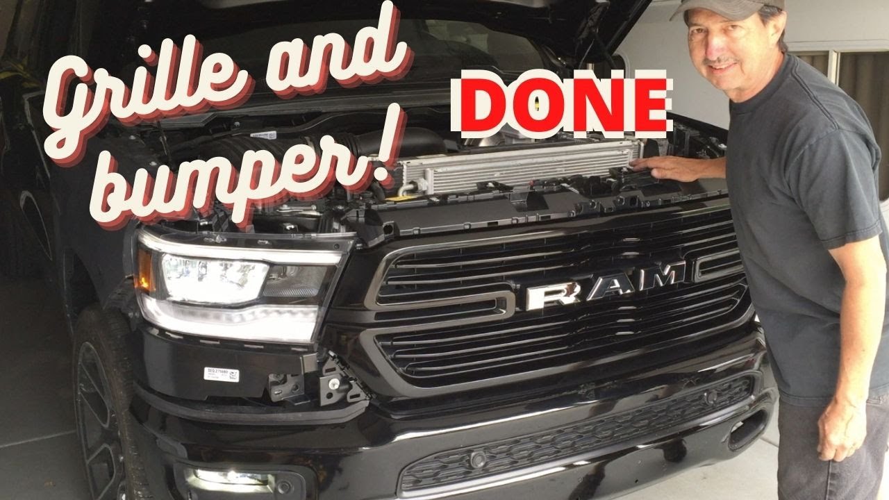 Rebuilding Wrecked Dodge Ram 1500, Part 23. 2019 Laramie. Installing the complicated bumper & Grille