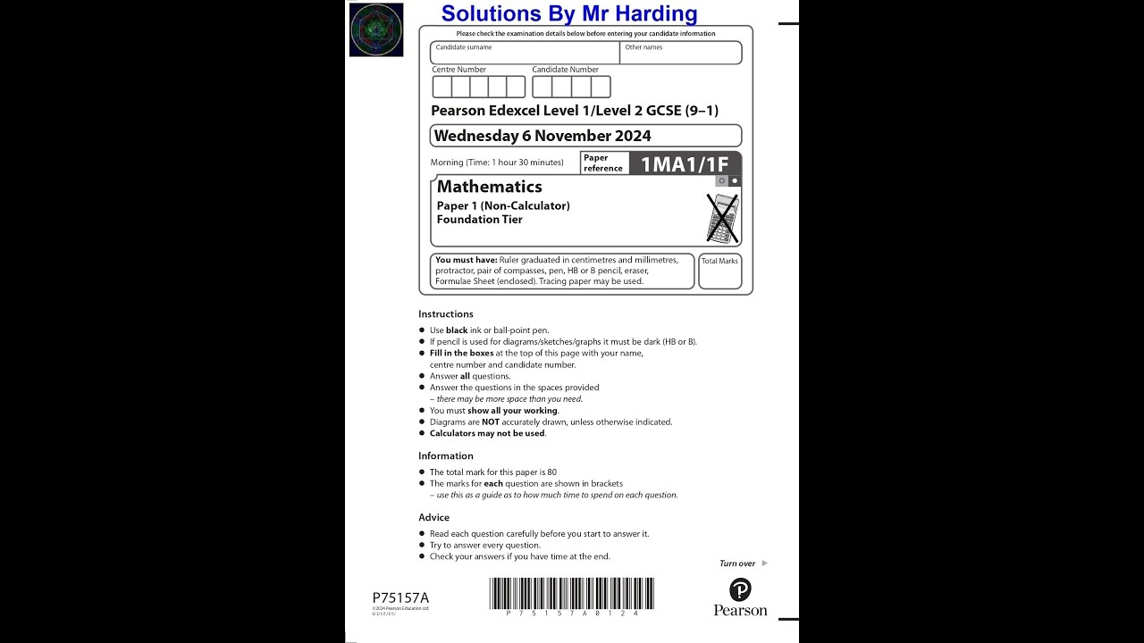Edexcel - GCSE 9-1 Math - November 2024 - Paper 1F - Solutions By Mr Harding