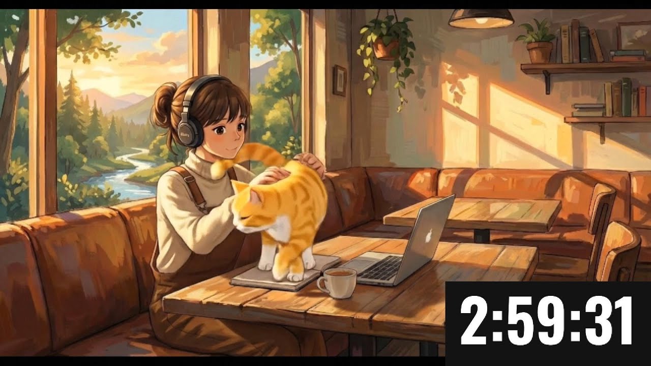 3-Hour Productive Cafe Ambience ☕ Smooth Jazz & Nature View for Work, Study, Focus 🐈