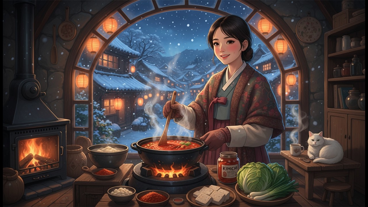 Ghibli Winter ASMR  Making Kimchi Jjigae on a Snowy Evening