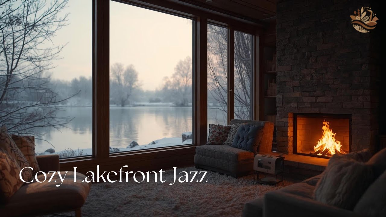 Cozy Reading Nook ❄️ Dark Jazz by the Fireplace | Winter Lake Ambience (4K)