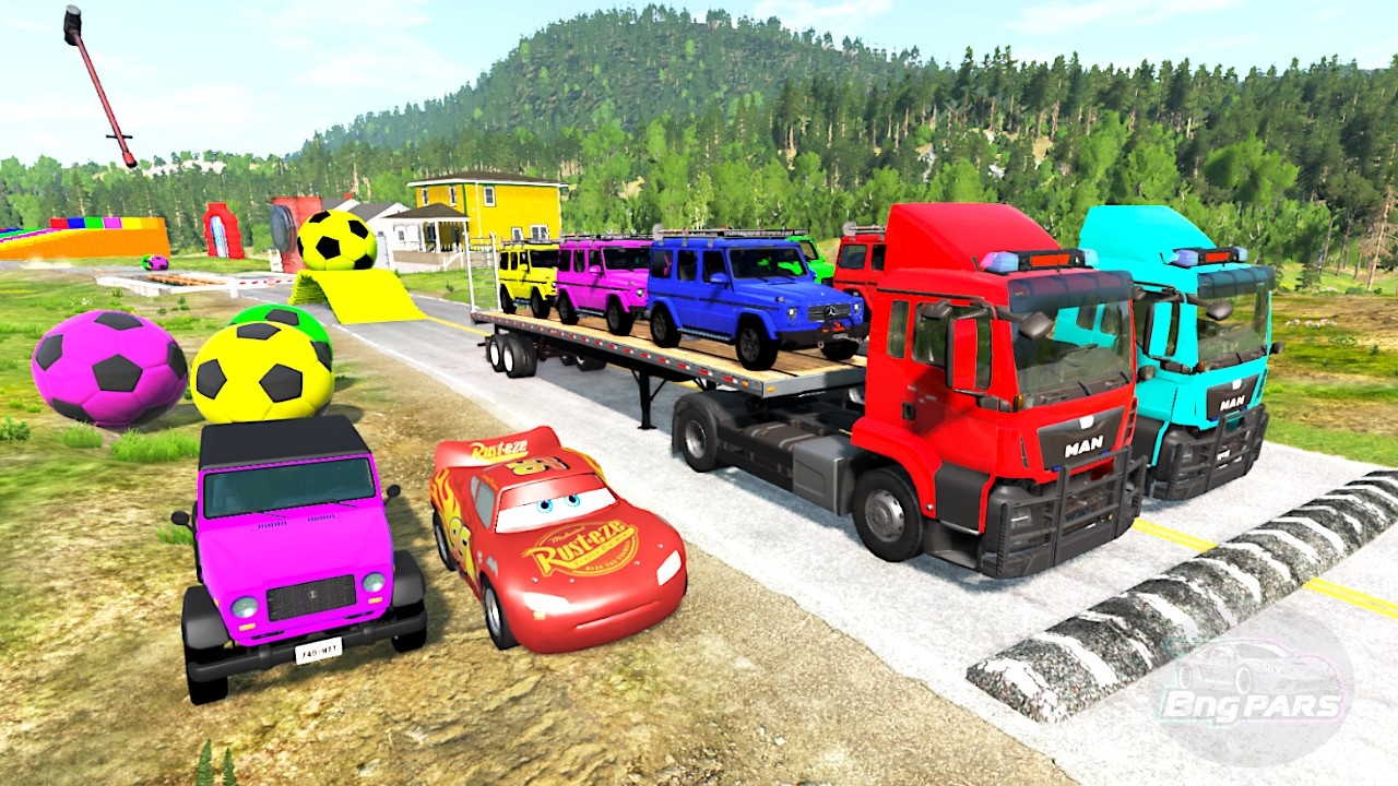 Flatbed Truck McQueen Transportation with Truck - Pothole vs Car #13 BeamNG.Drive Gameplay #BngPARs