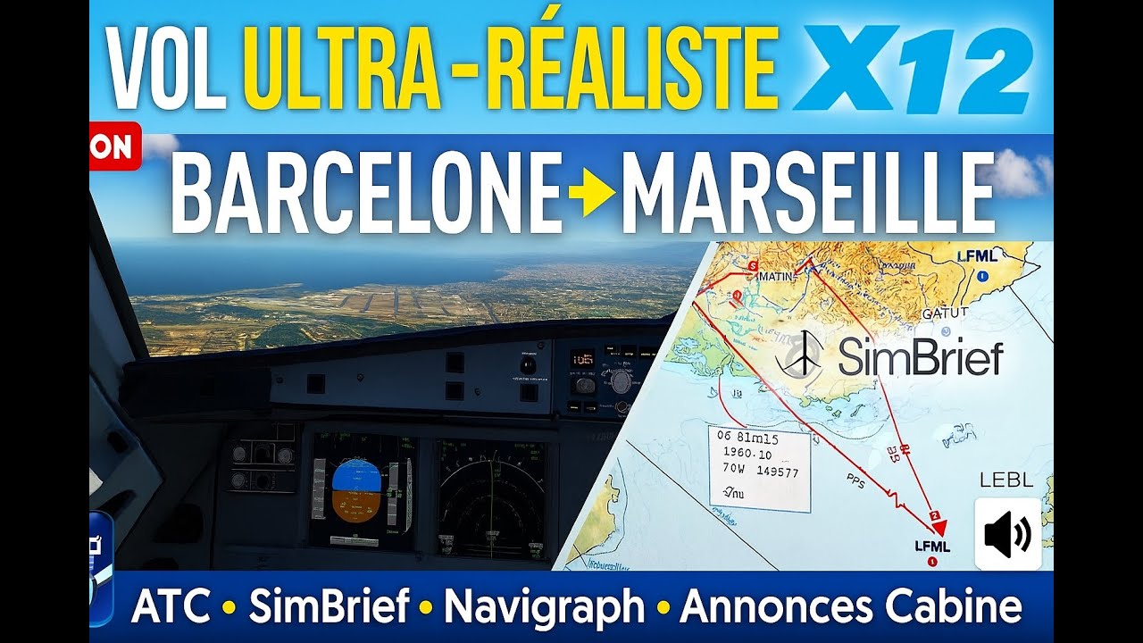 X Plane 12    Barcelonne LEBL vers Marseille LFML en Airbus A320 NEO Toliss avec ATC et Annonces