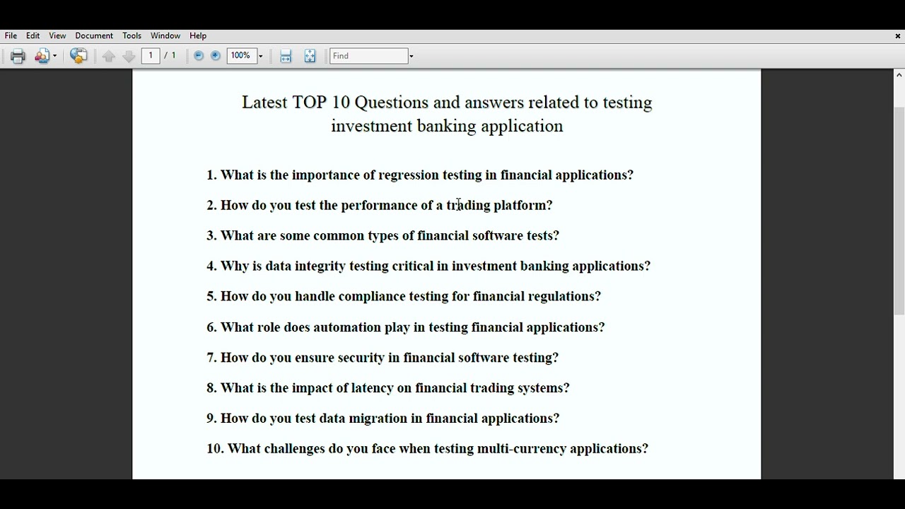 Latest TOP 10 Questions and answers related to testing investment banking applicatio
