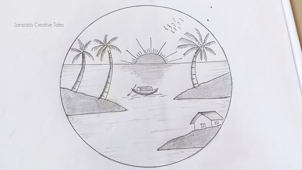 Beautiful Sunrise Scenery Drawing | Easy Sea drawing in a Circle | Pencil Drawing