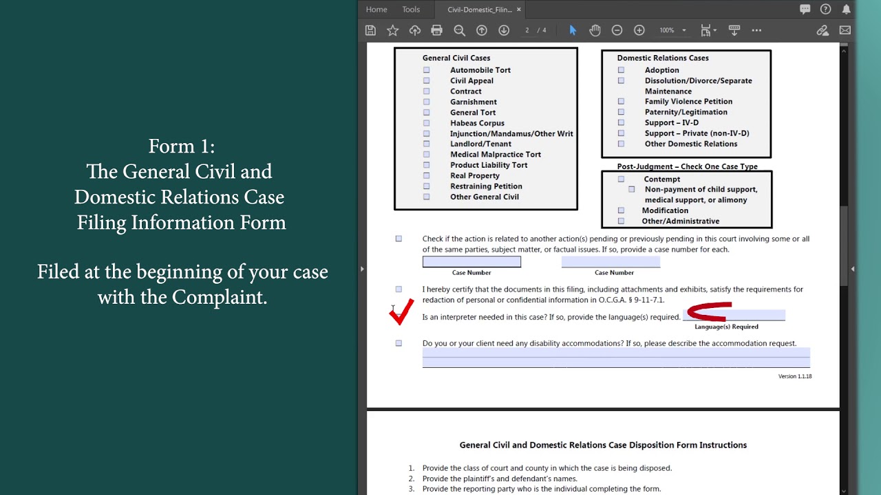Georgia General Civil & Domestic Relations Case Filing information and Disposition Forms Walkthrough