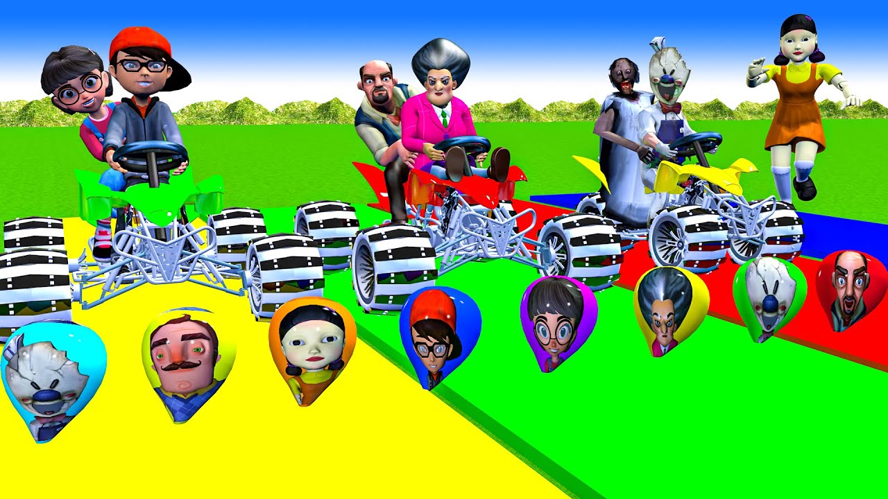 Scary Teacher 3D vs Squid Game Balloon Mask vs Racing Car 5 Times Loop Challenge Tani Winning