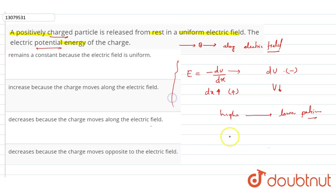 A positively charged particle is released from rest in a uniform electric field. The electric