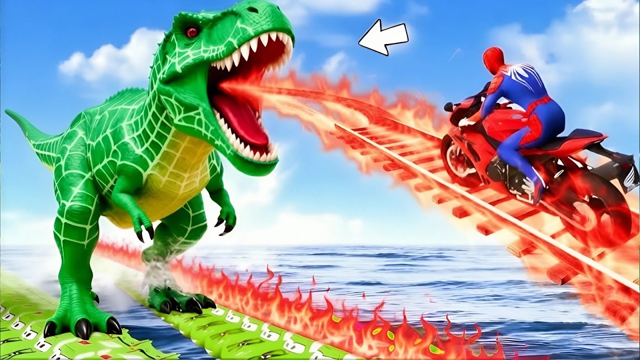 RAINBOW Spider Man Rescue Poppy Playtime from Giant DINOSAURS on Motorcycle | GTA 5 Funny Moments