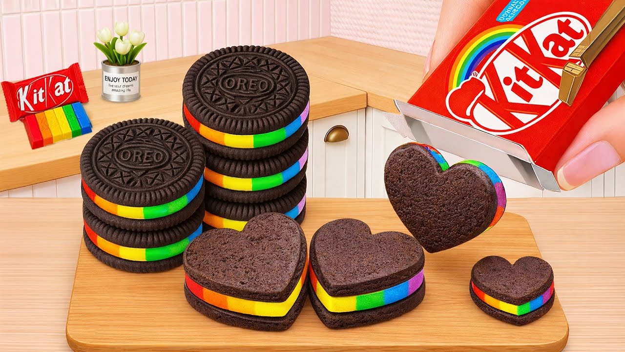 Рецепт радужного торта в форме сердца из OREO и KITKAT 💙 Миниатюрный радужный шоколадный торт | W...